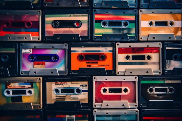 Photo un ensemble de vieilles cassettes audio sur fond rouge