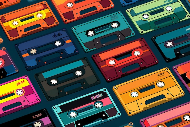 Photo un ensemble de vieilles cassettes audio sur fond rouge