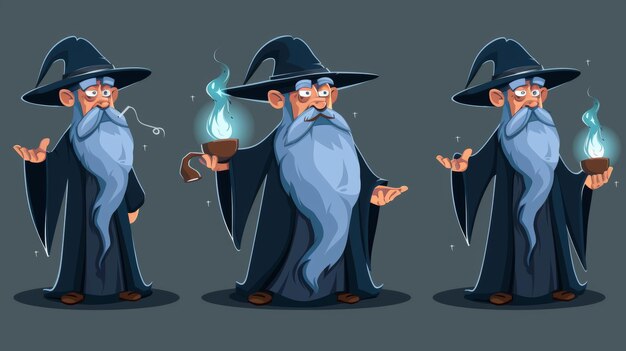 Photo l'ensemble des vieux personnages magiciens est isolé sur un fond moderne illustration d'un sage sorcier portant une cape un chapeau de turban fumant une pipe avec des yeux sévères sur un visage ridé portant une cloche