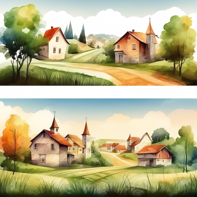 Ensemble de villages avec des bâtiments inhabituels Illustration à l'aquarelle peinte à la main