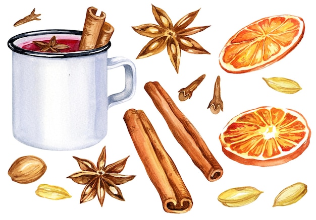 Photo ensemble de vin chaud aquarelle avec un verre et des ingrédients croquis dessinés à la main épices cannelle orange