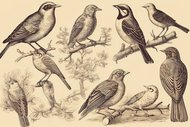 Photo ensemble vintage gravé d'éléments d'oiseaux générant de l'ai