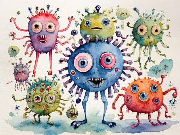 Un ensemble de virus et de microbes d'aquarelle drôles