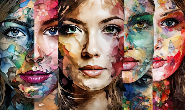 Ensemble de visages colorés de femmes dans le style de couches de peinture