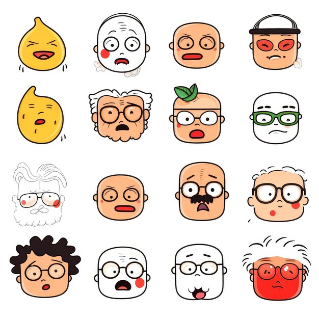 Ensemble de visages de dessins animés expressions du visage emojis autocollants émoticônes dessins animés personnages de mascotte drôles