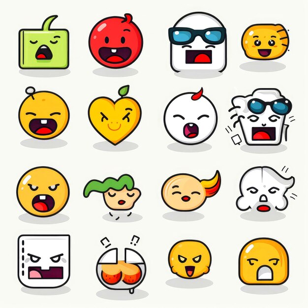 Photo ensemble de visages de dessins animés expressions du visage emojis autocollants émoticônes dessins animés personnages de mascotte drôles