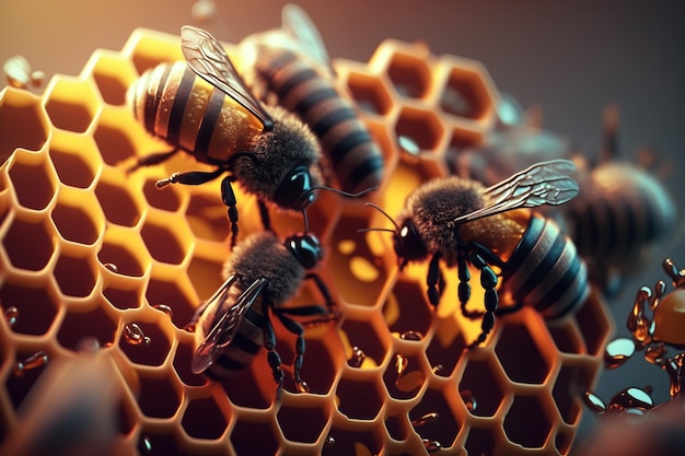 Ensembles créatifs et magnifiques d'abeilles douces et fraîches et de nid d'abeilles Une bonne nutrition substitut de sucre naturel fructose écologique fleurs vivantes saines de la prairie