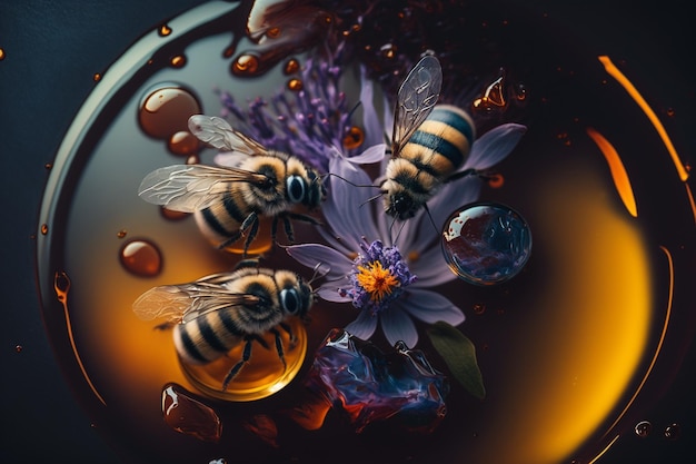 Ensembles créatifs et magnifiques d'abeilles douces et fraîches et de nid d'abeilles Une bonne nutrition substitut de sucre naturel fructose écologique fleurs vivantes saines de la prairie