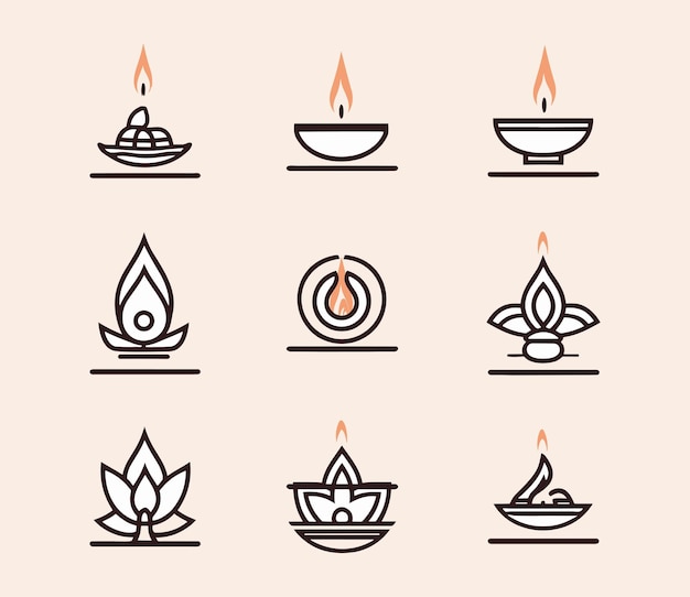 Ensembles d'icônes Diwali Diya sur fond uni Dessin au trait unique