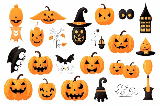 des ensembles d'icônes d'Halloween sur fond blanc explorent un monde effrayant d'Halloween avec des icônes comme des citrouilles, des fantômes, des sorcières et des squelettes sur fond blanc, parfaits pour votre fête