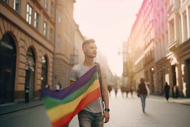 Enthousiaste jeune femme transgenre marchant dans la rue tenant un drapeau arc-en-ciel Célébration de la fierté gay liberté et concept lgtbq