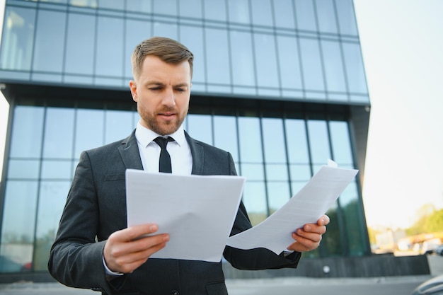 Enthousiaste jeune homme entrepreneur du Moyen-Orient se prépare avant la présentation assis dans la rue près d'un immeuble de bureaux avec sac à dos tenant des papiers et buvant un espace de copie de café