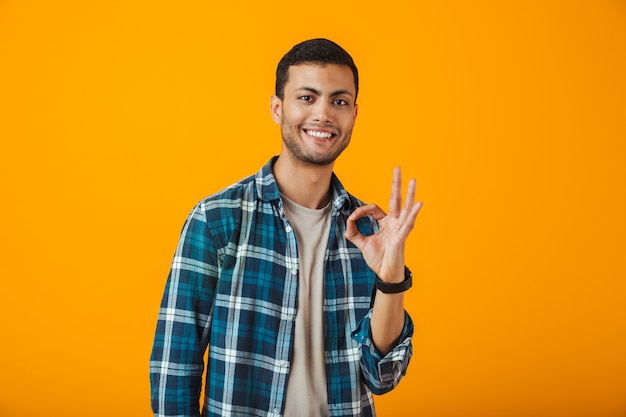 Enthousiaste jeune homme portant une chemise à carreaux debout isolé sur un mur orange, montrant ok
