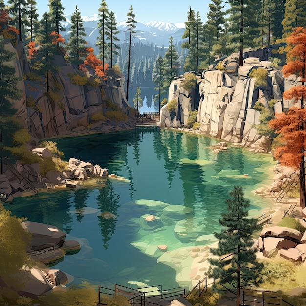 Entouré d'arbres et de rochers, un lac vu d'en haut Generative AI