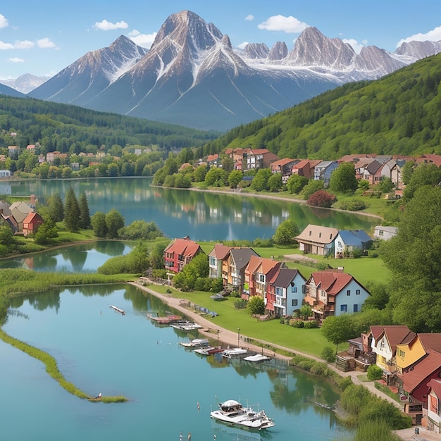 Un entouré d'un lac paisible et d'une majestueuse chaîne de montagnes générée par l'IA