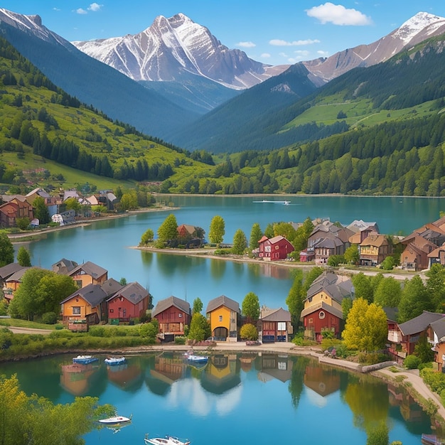 Un entouré d'un lac paisible et d'une majestueuse chaîne de montagnes générée par l'IA