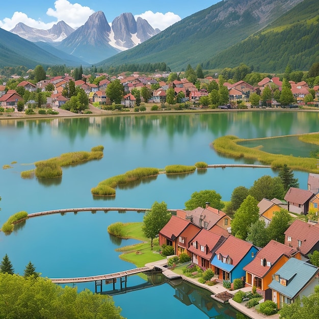 Un entouré d'un lac paisible et d'une majestueuse chaîne de montagnes générée par l'IA