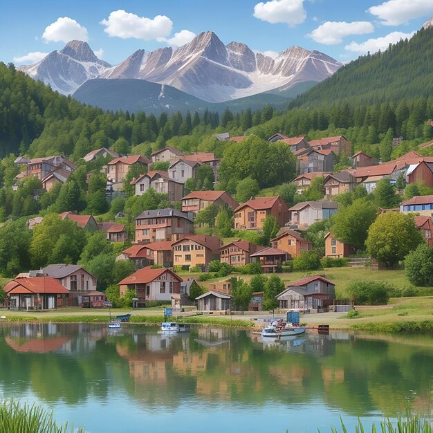 Un entouré d'un lac paisible et d'une majestueuse chaîne de montagnes générée par l'IA