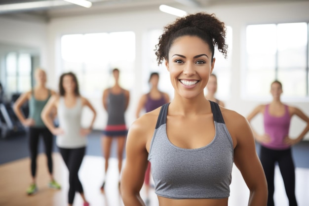 Entourée de clients actifs, une instructrice de fitness sourit brillamment dans la salle de sport.