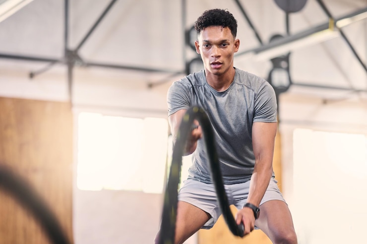 Photo entraînement de cordes de combat de gym et athlète homme noir dans une séance d'entraînement cardio et un exercice sportif