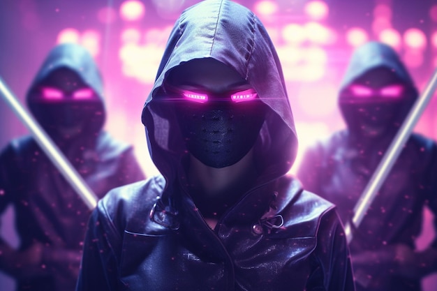 Photo l'entraînement du clan ninja cyberpunk dans un doj holographique