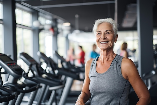 L'entraînement joyeux d'une femme âgée qui reste en forme dans un gymnase moderne