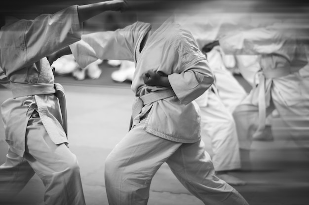 Photo entraînement karatedo et mode de vie sain ajout d'un effet de flou pour plus d'effet de mouvement style rétro noir et blanc