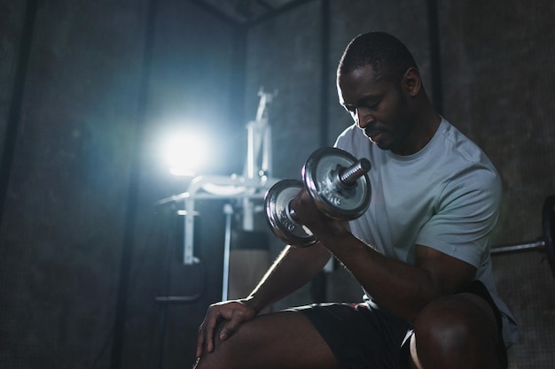 Photo entraînement physique dans la salle de sport homme afro-américain culturiste ramassant des haltères dans la salle d'entraînement poids