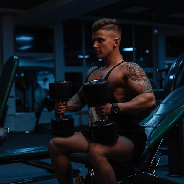 Entraîneur de bodybuilder masculin beau jeune athlète avec corps musclé et tatouage assis et faire de l'exercice avec des haltères dans la salle de gym