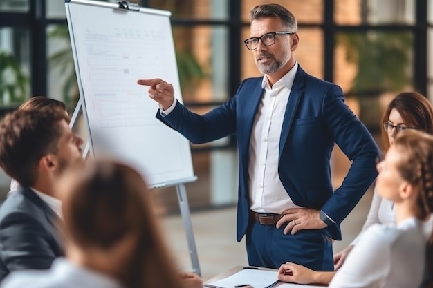 Entraîneur ou conférencier mûr et confiant pointant du doigt le flip chart et expliquant quelque chose aux personnes assises en face de lui dans l'espace de coworking lors d'une formation ou d'un séminaire d'entreprise