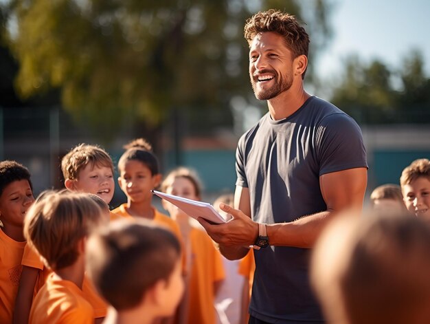 L'entraîneur donne un discours à l'équipe de basket-ball de l'école primaire