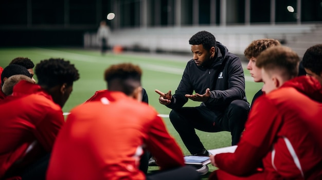 Photo l'entraîneur explique une stratégie de jeu à l'aide d'un plateau l'entraîneur jeune enseigne aux enfants sur le terrain de football l'entraîneur de football entraîne les enfants session d'entraînement de football pour enfants éducation tactique de football