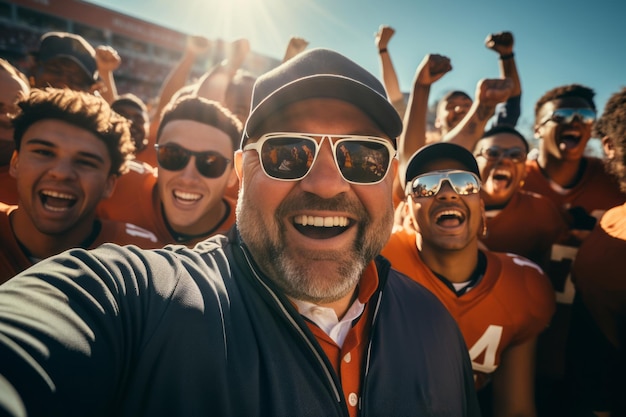 Photo un entraîneur joyeux et heureux avec une barbe et des lunettes prend un selfie avec ses élèves adolescents le concept