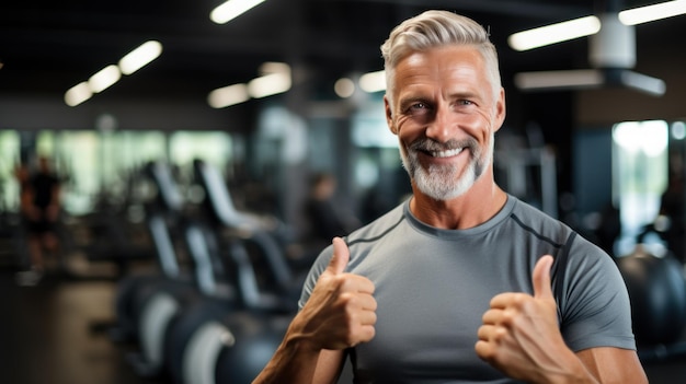 Entraîneur personnel MiddleAge montrant les pouces vers le haut dans la salle de sport généré par l'IA