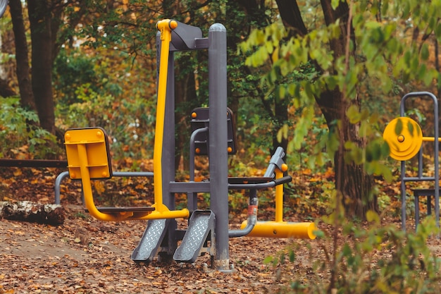 Photo entraîneur de simulateurs de constructeur de corps à l'extérieur dans l'espace de copie du parc de la ville d'automne