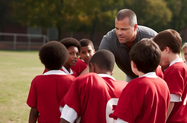 Photo entraîneur sportif pour enfants, football sportif, instructeur de football sur le terrain avec une équipe de football pour enfants, générer une ia