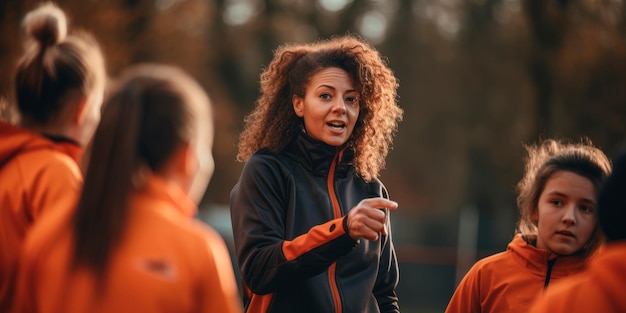 une entraîneure donnant des instructions à son équipe lors d'un match de football