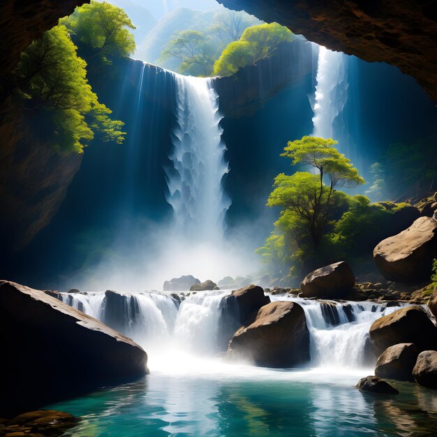 En entrant dans la grotte faiblement éclairée, un spectacle merveilleux vous attend. Une cascade majestueuse se dresse gracieusement.