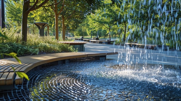 En entrant dans le parc public, vous êtes accueilli par le bruit serein de l'eau qui coule à travers un réseau