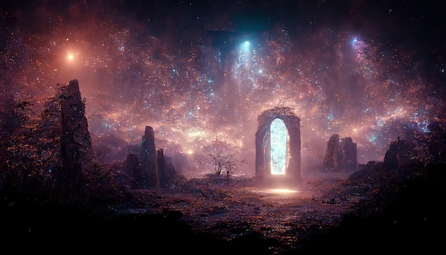 Entre les arbres desséchés et les grands rochers sous la lueur étoilée du ciel se dresse un portail vers une autre illustration 3D du monde