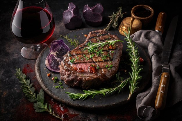 Entrecôte de boeuf grillée aux herbes et épices de vin rouge sur table en pierre