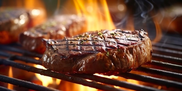 Entrecôte de bœuf grillée sur un gril flamboyant AI générative