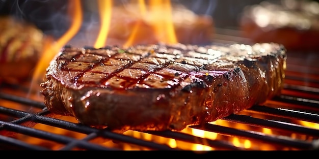 Entrecôte de bœuf grillée sur un gril flamboyant AI générative