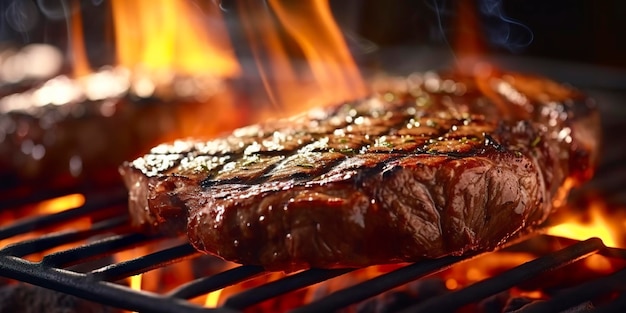 Entrecôte de bœuf grillée sur un gril flamboyant AI générative