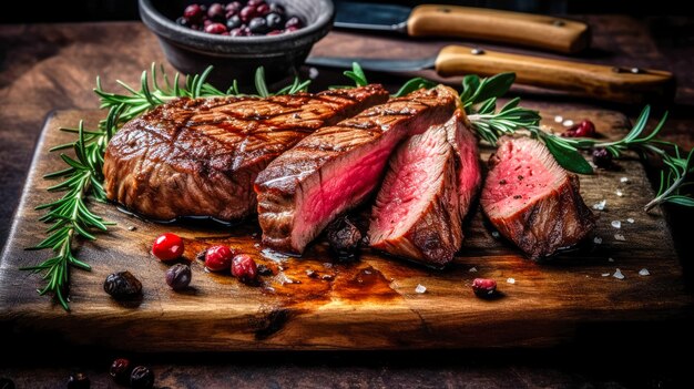 Entrecôte de steak en tranches grillées aux épices servies sur une planche à découper Nourriture gastronomique IA générative