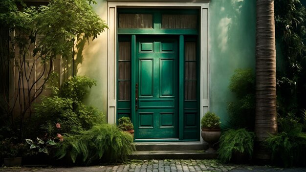 L'entrée d'une charmante demeure est ornée d'une porte vert vif Generative AI