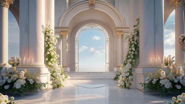 Entrée élégante du lieu du mariage avec des colonnes et des fleurs