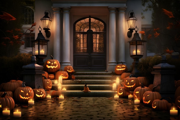 Entrée fantasmagorique de la maison décorée de citrouilles et de bougies Décoration d'Halloween Contenu IA génératif