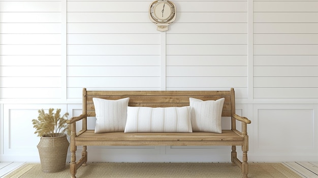 Entrée de la ferme Banc en bois près du mur blanc Maquette intérieure de l'intérieur de la ferma Génératif Ai