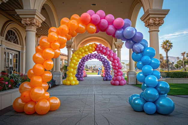 Une entrée festive et accueillante formée par une voûte animée de ballons colorés